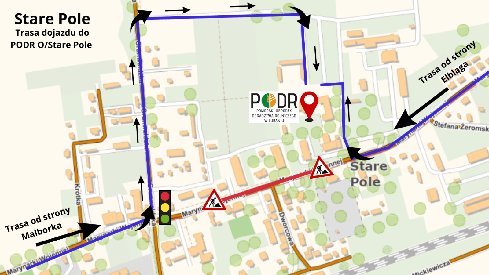 Mapka z objazdem do Starego Pola